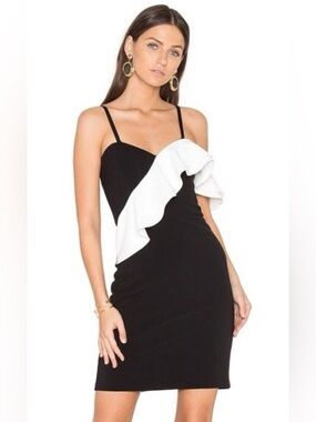 Parker Imani black and white ruffle sweetheart sheath party dress